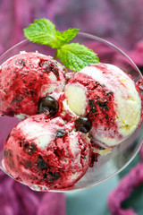 Vanilla ice cream with black currants.