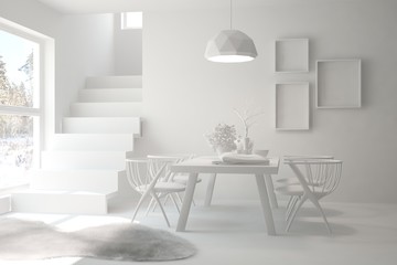 Idea of white dinner room. Scandinavian interior design. 3D illustration
