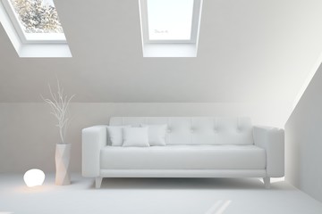 White room with sofa. Scandinavian interior design. 3D illustration