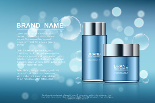 A beautiful templates for cosmetic ads, two realistic 3d blue jar for moisturizing cream on a light blue shiny background with water bubbles