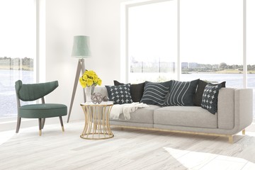 White room with sofa and summer landscape in window. Scandinavian interior design. 3D illustration