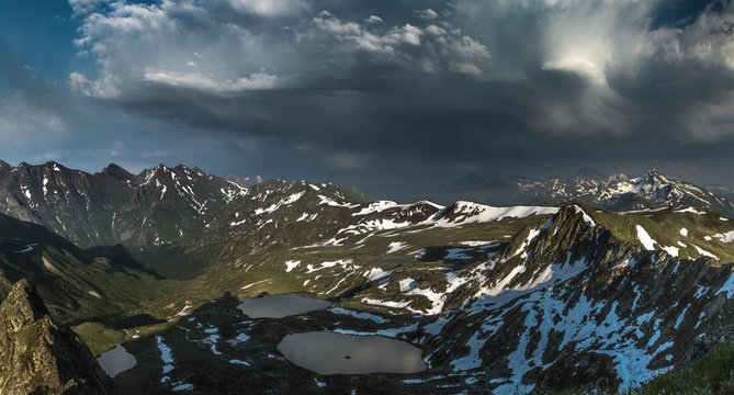 Azgara river originates in this mountain lakes. Ridge Abushura Akhuba. Caucasus mountains.