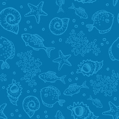Hand drawn blue vintage sea background with underwater inhabitants Seamless texture of fish, sea grass, shells and starfish. Vector illustration.
