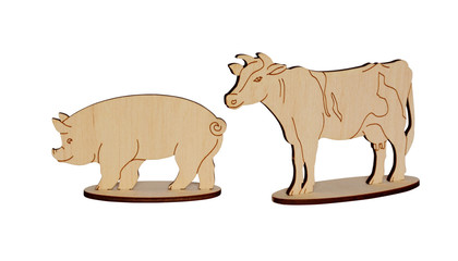 Wooden toy animals on white background