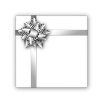Holiday gift box with silver ribbon and bow. Template for a business card, banner, poster, flyer, notebook, invitation