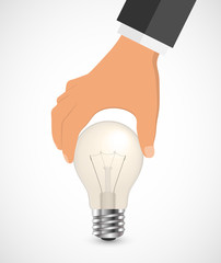 Human hand holding light bulb. Can be used for business presentations, visualization idea or web design. Vector illustration.