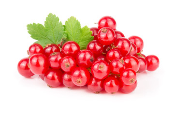 Red currant berries with leaf isolated on white background