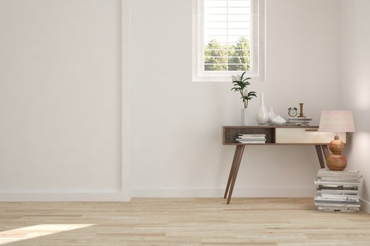 White minimalist room with shelf. Scandinavian interior design. 3D illustration
