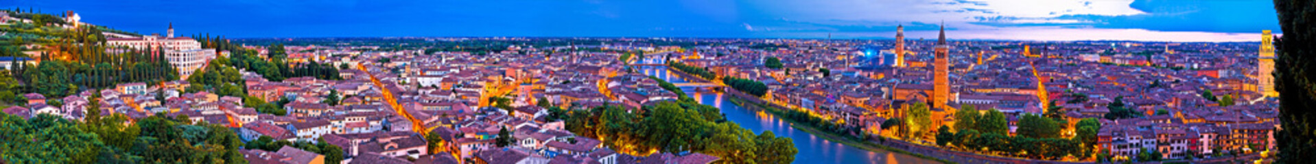 Verona old city and Adige river panoramic aerial view at evening