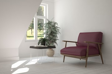 White room with armchair and summer landscape in window. Scandinavian interior design. 3D illustration
