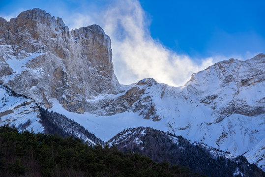 Faraut mountain peaks (Breche de Faraut and Pic de Chabournasse) in Champsaur covered in fresh snow in winter. Hautes Alpes, PACA Region, Southern French Alps, France