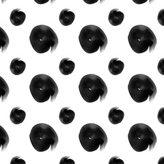seamless Pattern - Black watercolor polka dots on white background 