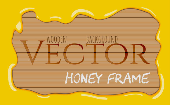 Honey syrup flowing drops frame on wooden background