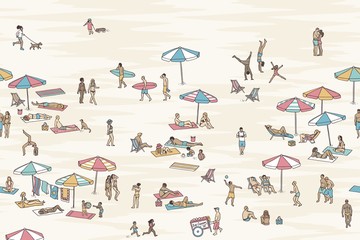 Seamless banner of tiny people at the beach, can be tiled horizontally: a diverse collection of small hand drawn men, women and kids playing, sunbathing and walking at the beach - 166141267