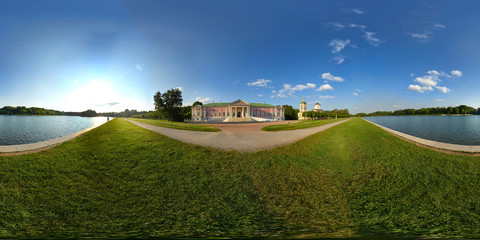 360° panoramic view of Kuskovo Estate. The Palace of Kuskovo at foreground. Church of the Merciful...