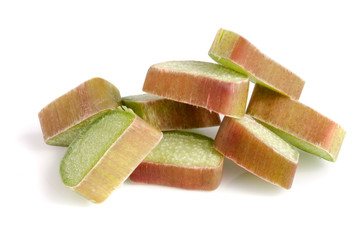 Chopped rhubarb stem isolated on white background cutout