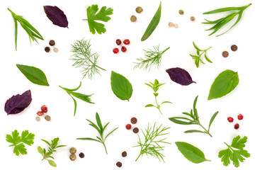 Fresh spices and herbs isolated on white background. Dill parsley basil thyme tartun peppercorns. Top view