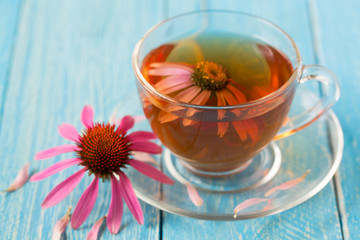 Cup of echinacea tea on blue wooden table