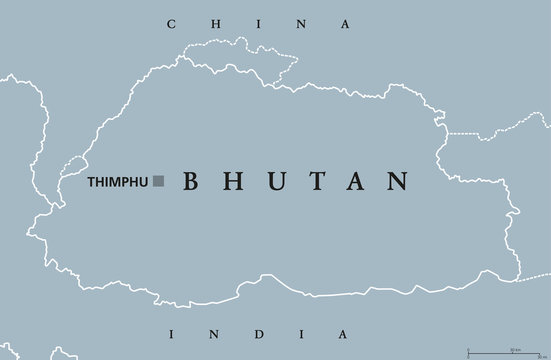 Bhutan political map with capital Thimphu and borders. English labeling. Landlocked kingdom in South Asia in the Eastern Himalayas, bordered by China and India. Gray illustration. Vector.