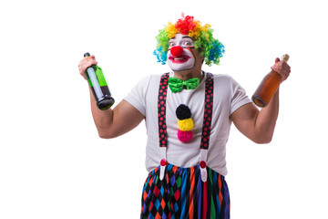 Funny clown with a bottle isolated on white background