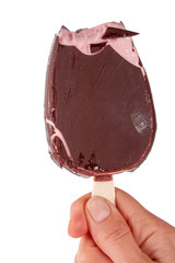 Ice cream fruity with chocolate in hand isolated on white background