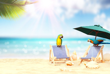 Schöner Strand mit Liegestühlen - Urlaub Konzept
