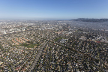 Fototapeta premium Aerial view of summer haze above Anza Ave near Del Amo Blvd in Torrance, California. 