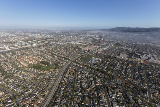 Aerial view of summer haze above Anza Ave near Del Amo Blvd in Torrance, California. 