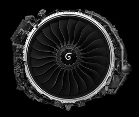 Jet engine front view isolated on black background. Close up of airplane engine during maintenance.engineering marvel