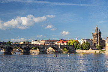 Charles Bridge (Karluv most), Vltava River and old buildings at the Old Town in Prague, Czech Republic. Copy space.
