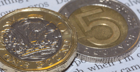 British Pound Coin on top of 5 Polish Zloty Q
