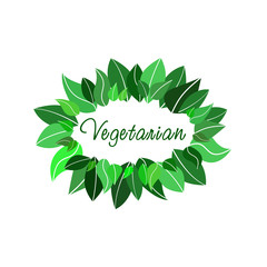 Vegetarian logo. Eco logo with green leaves. Concept of healthy product. Vector icon