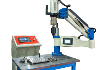 Robot to install drill for drilling metal parts for smart factory, industry 4.0, isolated on white background