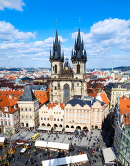 Naklejka na ściany i meble Tyn Church and crowded Stare Mesto (Old Town) in Prague on a sunny day
