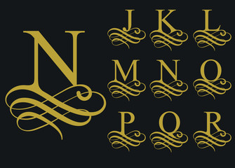 Curly font caligraphic alphabet. vector