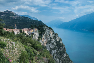 Fototapeta na wymiar Beautiful tiny village on top of a steeply Mountain at Lake Garda - Italy