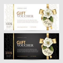 Set of luxury gift voucher with a gold bow, ribbon and flower. Vector template for gift card, coupon and certificate for a spa, beauty salon, shops, cosmetics and restaurants
