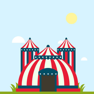 Circus show entertainment tent marquee marquee outdoor festival with stripes and flags isolated carnival signs