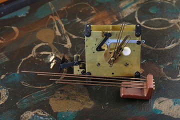 Old clock mechanism on a dirty background.