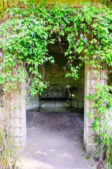 A bench inside an enclosed retreat in a garden.