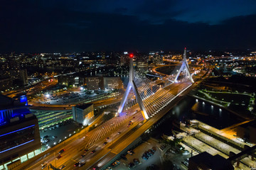  Aerial image Leonard P Zakim Bunker Hill Bridge at night - obrazy, fototapety, plakaty