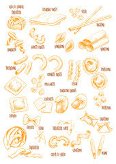 Italian pasta vector sketch names icons set