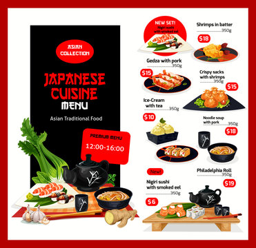 Japanese cuisine vector menu price cards template