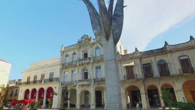A forward tracking walking daytime POV shot walking in Old Town Square in Havana's historic district.  	