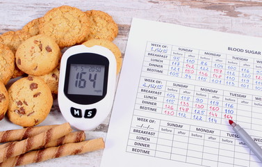 Glucometer, heap of cookies and medical form, concept of checking sugar level