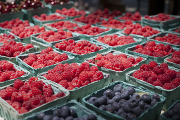 Raspberries in cartons for sale at a farmers market