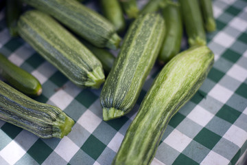 Zucchini on green and white gingham tablecloth