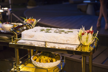 Lamb baked in salt. Meat baked in a salt crust with vegetables. Meat in the salt crust burns.