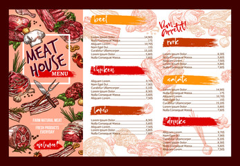 Vector menu template for fresh meat restaurant - obrazy, fototapety, plakaty
