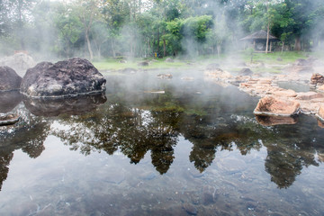 Fototapeta na wymiar Boil egg in the mineral pool and natural hot water